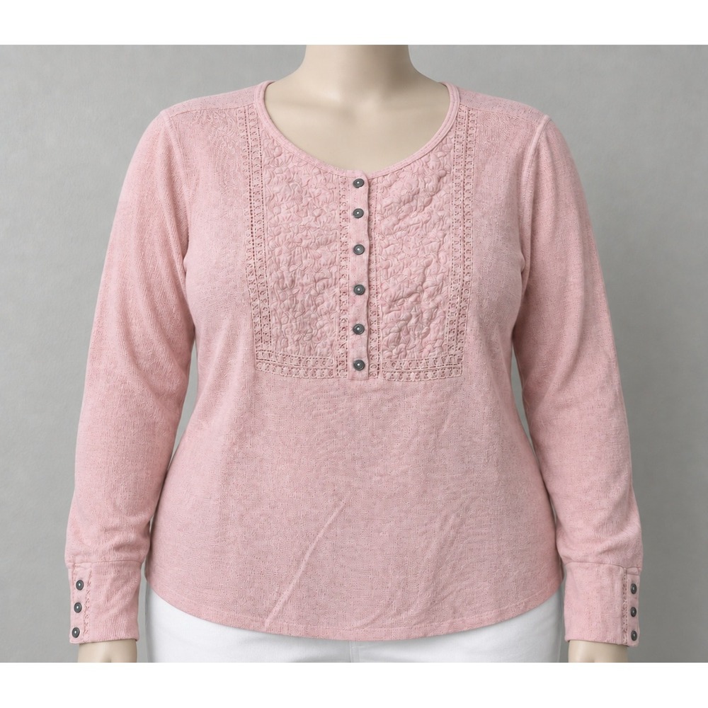 Lucky Brand Pink Waffle Knit Thermal Henley Top Lace Bib Large